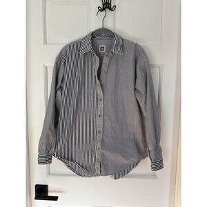 Anne Klein Women's Striped Button-Up Shirt Navy White Size S
